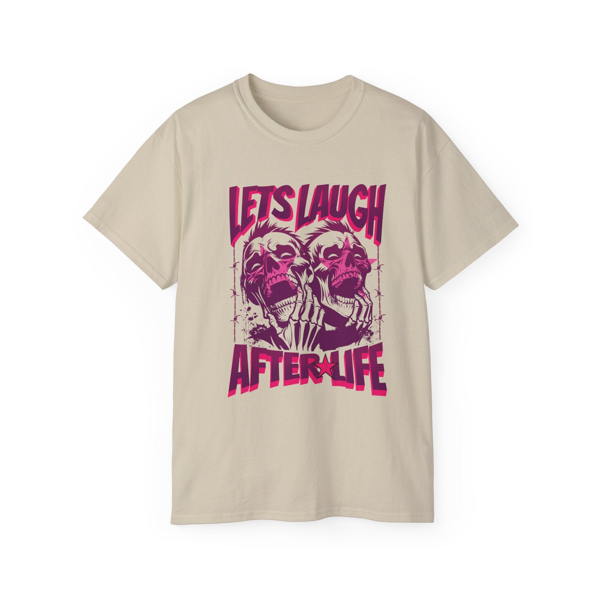 Let's Laugh After Life - Unisex Cotton Crew Tee (Front) - Damned Threads